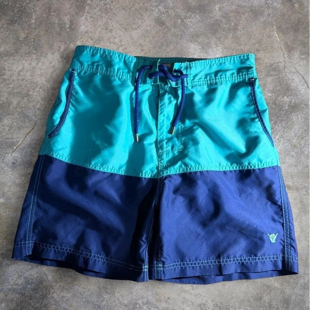 Vintage 80s Beach Bros Color Block Swim Trunks Teal Blue Surf Board Shorts